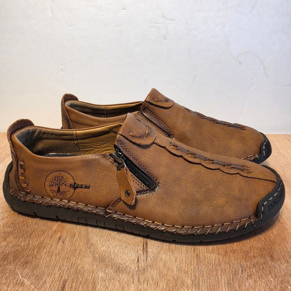 Men's Casual Slipon Loafers Moccasin Style Brown Leather black non-slip soles 12